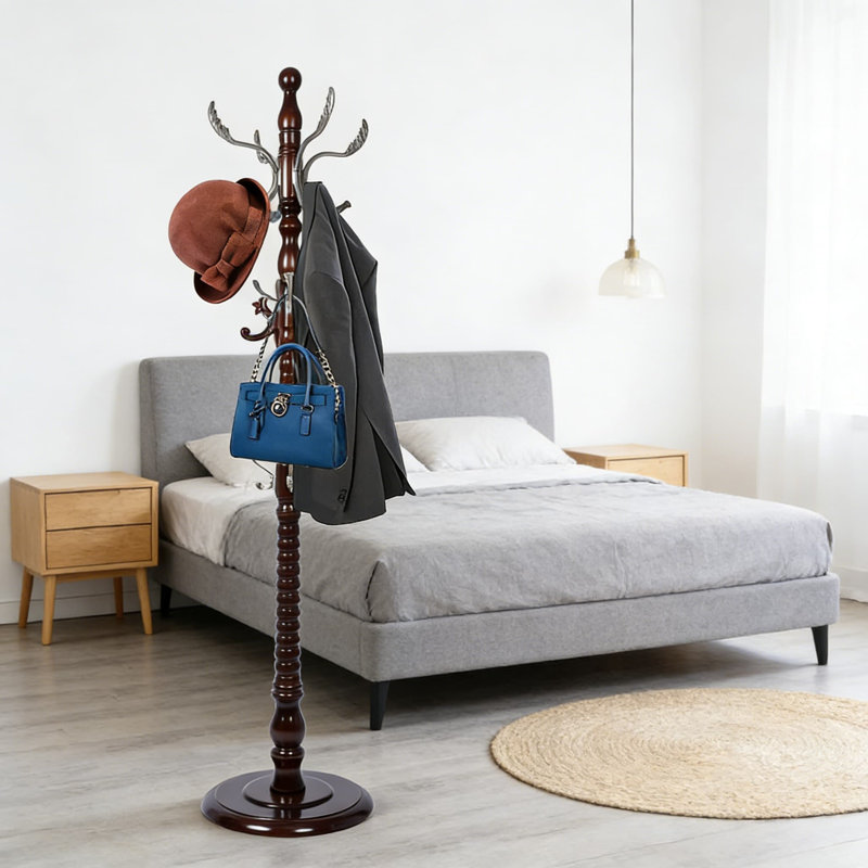Freestanding Wooden Coat Rack With 14 Hooks, Adjustable Height And Solid Round Base For Entryway, Hallway, Office Or Bedroom