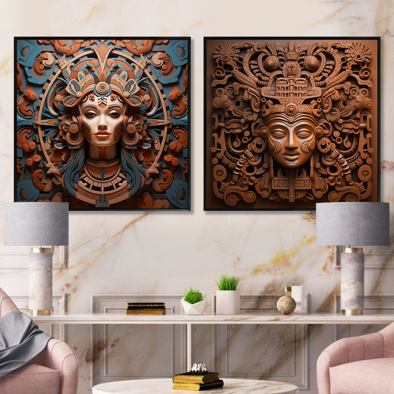 Masque Mesoamérican en terre cuite - ensemble de 2 collages carrés mexicains, Cadre flottant noir, H 16 po x l 33 po