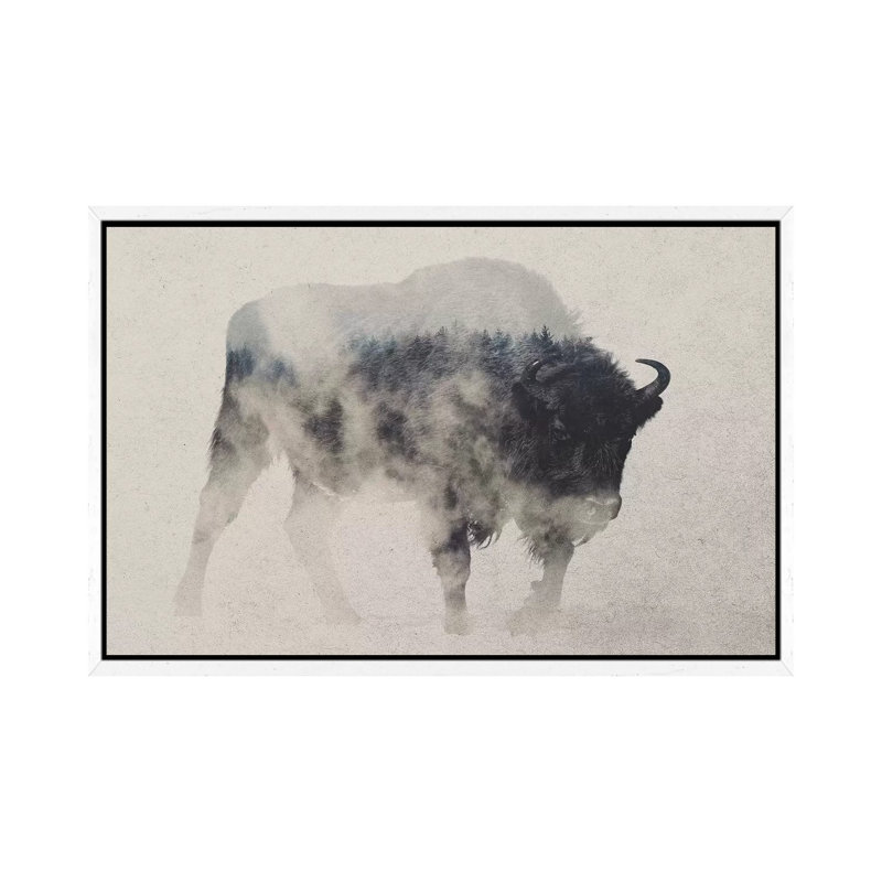 Bison In The Fog by Andreas Lie - 1 Piece Wall Art on Canvas, 152.5 cm H x 101.5 cm W, White Framed