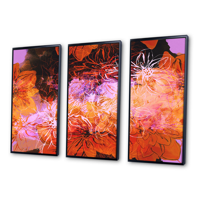 Fleurs abstraites orange et mauves - 3 pièces, reproduction sur toile flottante, Cadre noir, H 28 po x l 36 po x P 1 po