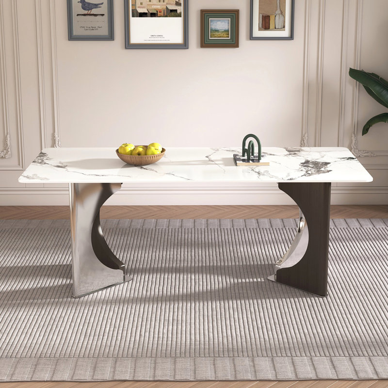 79" Gold Marble Rectangular Dining Table For 6-8, Stainless Steel Base Enhanced Durability