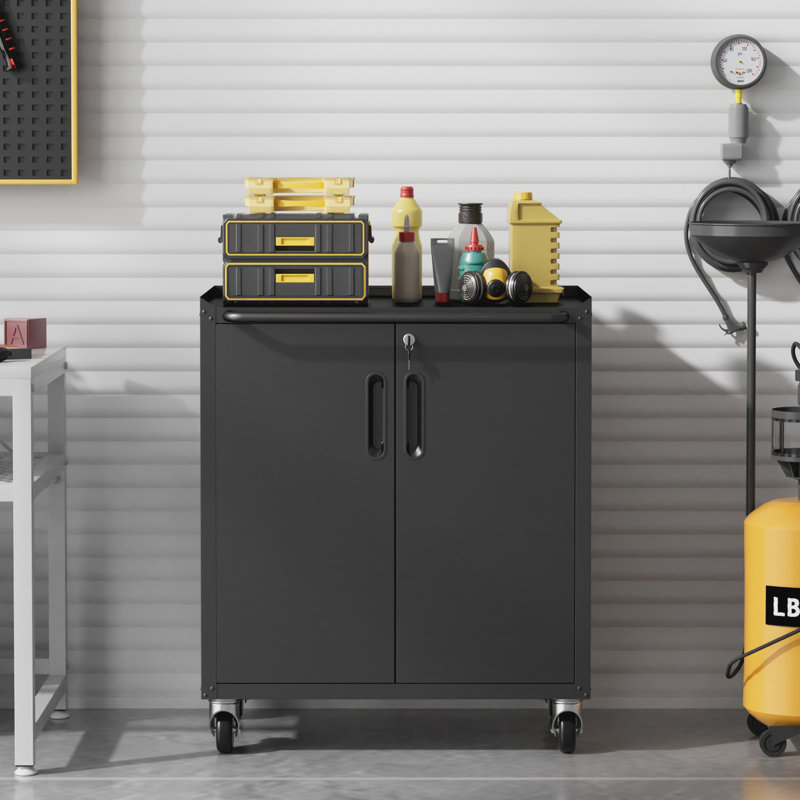 Armoire de garage 29,5 po en métal à roulettes robuste avec rangement verrouillable, Noir
