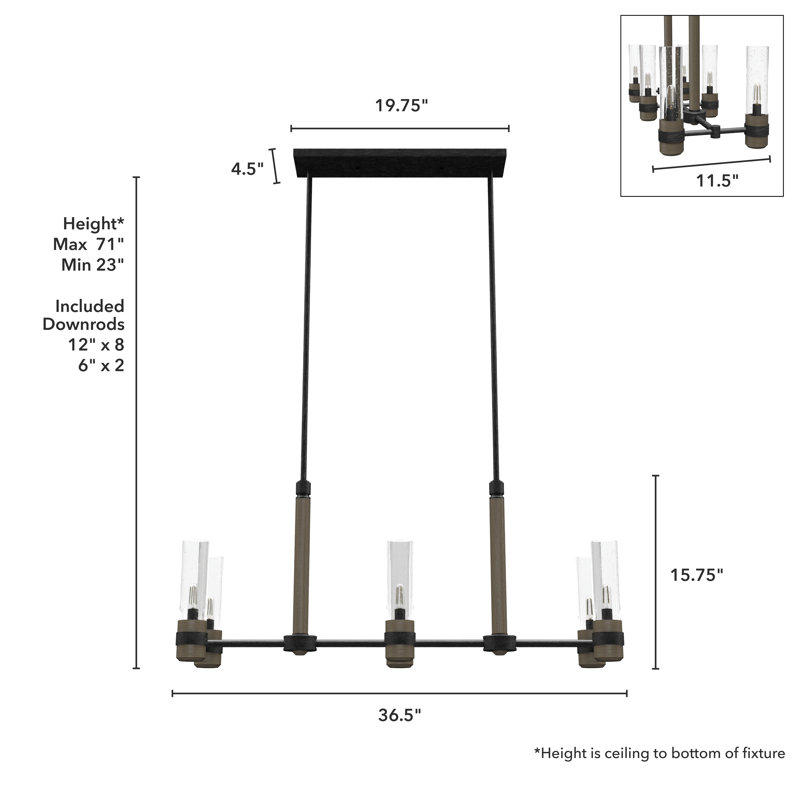 River Mill 6 - Light Kitchen Island Linear Chandelier, Rustic Iron