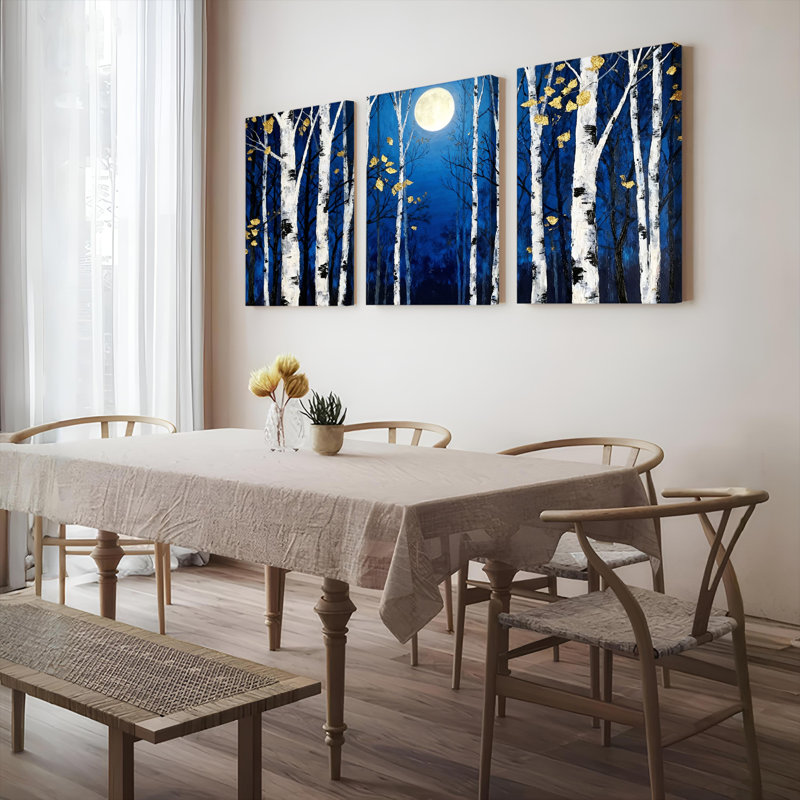 Tableau sur toile tendue « Forêt de bouleaux au clair de lune » (Ensemble de 3), H 36 po x l 72 po
