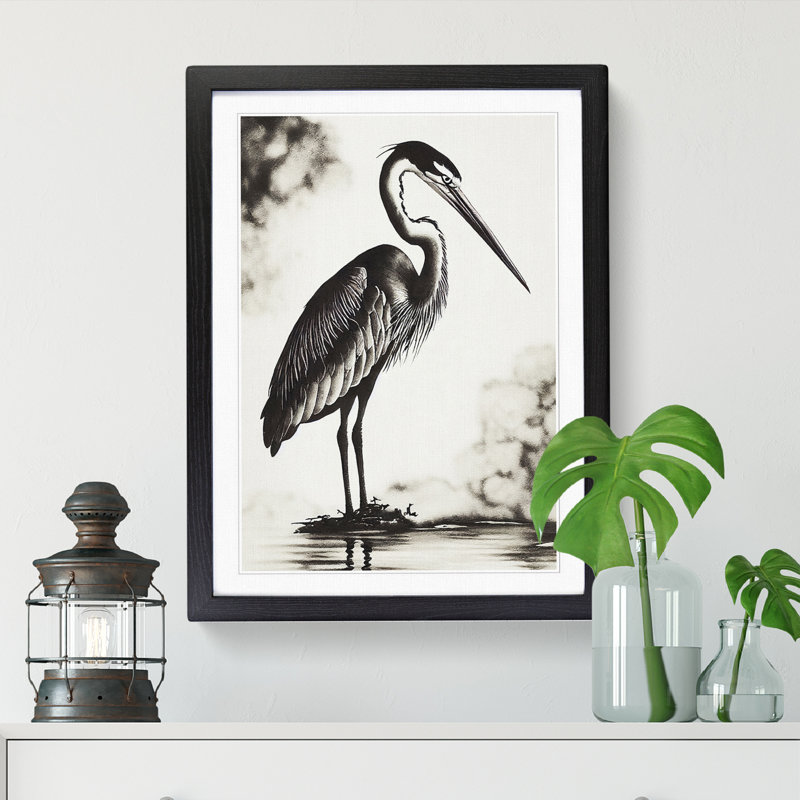 Baldwinville Heron Painting Ink Wash - Picture Frame Print, 64cm H x 46cm W x 2cm D, Black