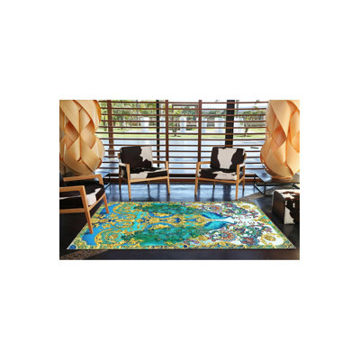Tapis bleu paon lavable à la machine