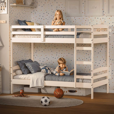 Bunk Bed, Pine Solid Wood Detachable Bed Frame With High Guardrails & Integrated Ladder, Wooden Slatted Bunk Bed, No Box Spring Needed