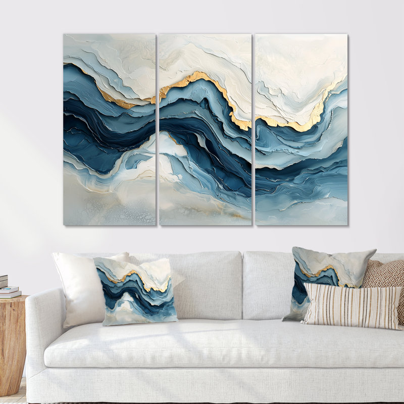Ensemble de décorations murales vagues marbrées blanches et bleues III, H 28 po x l 36 po x P 1 po, Toile tendue