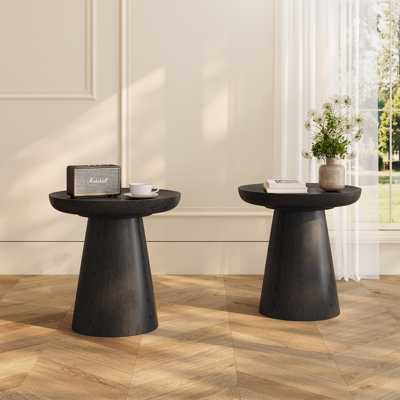 19.7" Mid Century Modern Round Night Stands, Set of 2, Wood End Table with Solid Wood Grain, Black Wood