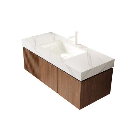 Meuble-lavabo en contreplaqué de chêne brun de 122 cm (48 po) avec portes doubles et tiroir, sans lavabo ni comptoir, couvercle de robinetterie inclus - Contreplaqué haute performance, grand espace de rangement, portes à fermeture amortie, tiroirs sous plan, lavabo, robinetterie incluses.
