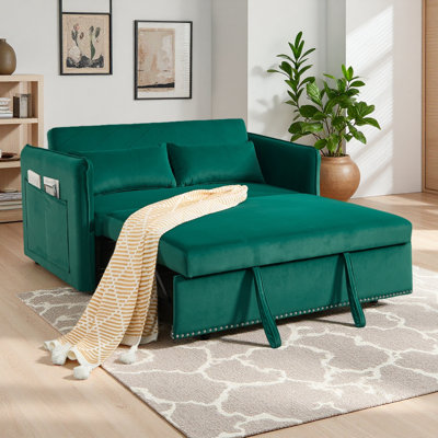 3 In 1 Convertible Sleeper Futon Sofa Bed, 55" Velvet Small Loveseat Lounge Couches With 2 Pillows, Reclining Backrest, Side Pockets For Living Room