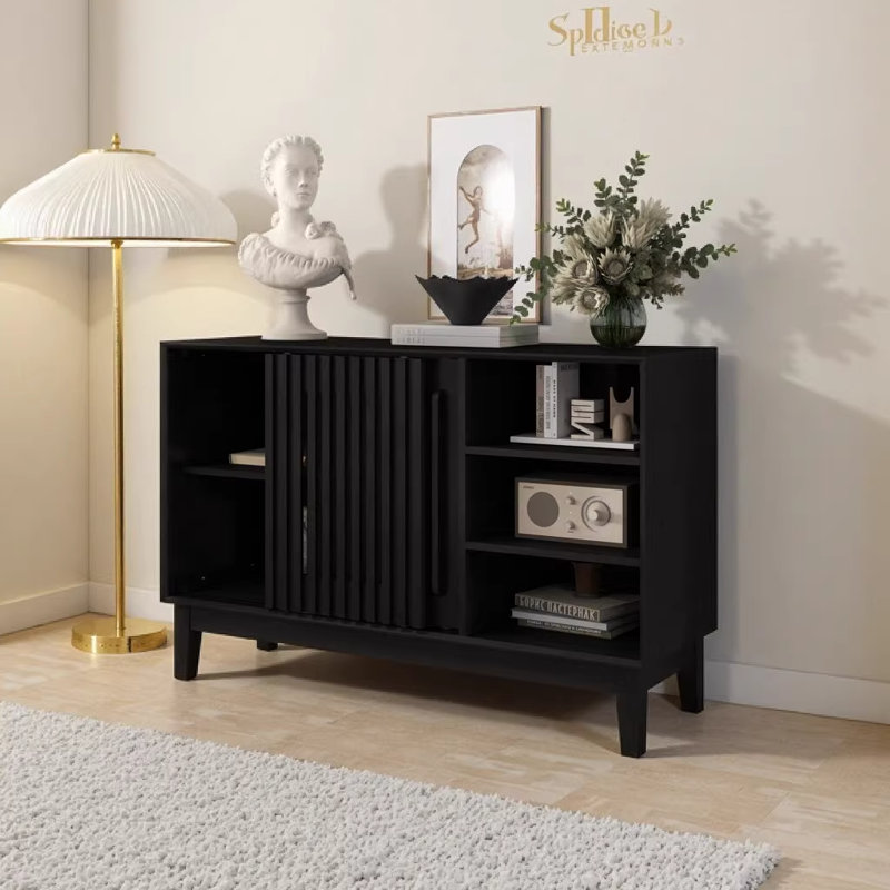 Buffet 47,3 "noir avec rangement, 2 portes et pieds en bois massif Farmhouse - Console multimédia polyvalente pour la cuisine, la salle à manger, le salon, le vestibule et le couloir