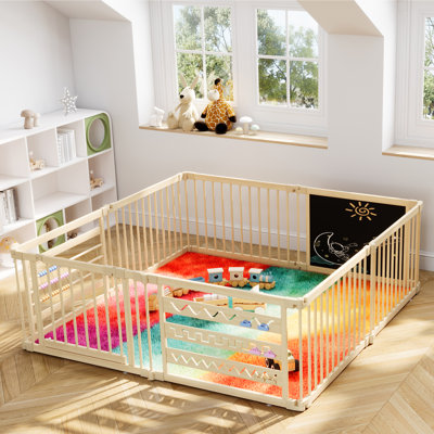 Foldable Wooden Baby Playpen With Locking Gate & Interactive Toys