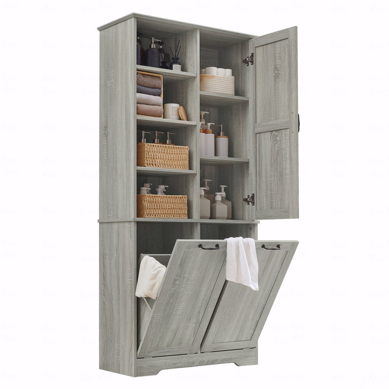 Armoire de rangement de salle de bain avec portes et tiroirs, panier à linge inclinable, plusieurs espaces de rangement, style autoportant, tablettes ouvertes, tablettes réglables