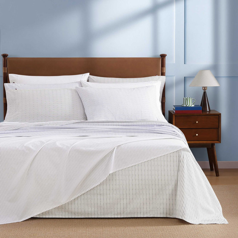 Tommy Hilfiger Printed Percale Cotton Sheet Set, Twin XL Sheet Set with 1 Pillowcase, Monogram Stripe Grey