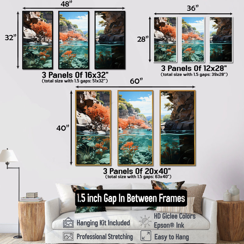 Ensemble de salon corail et anémone I - Coastal Coral Under Water, Cadre flottant noir, H 28 po x l 36 po x P 1 po