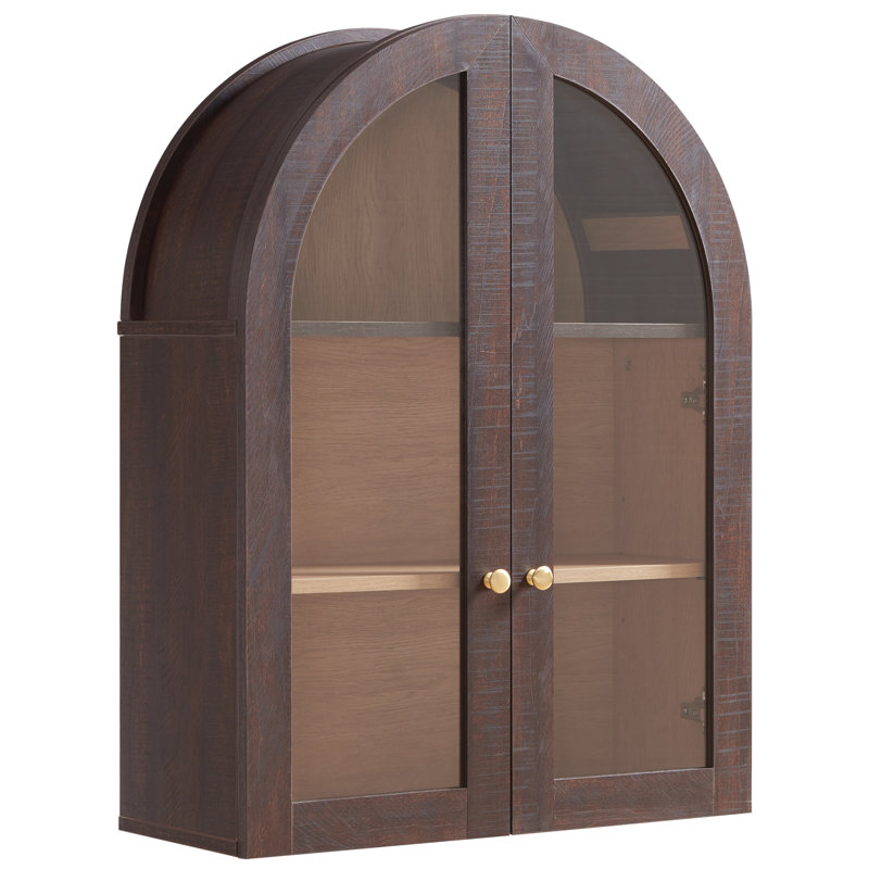 Modern Arched Cabinet Wall Mount With Adjustable Shelf & Glass Doors, Brown, Brown