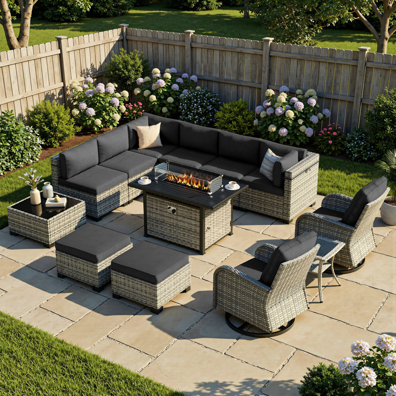 13-Piece Wicker Patio Conversation Set With Fire Pit Table, Modular Sectional, Swivel Rocker Chairs & Ottomans, Black