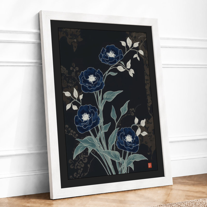 Moonlit Indigo Blooms Botanical - Framed Print, A1 - 84.1 x 59.4 cm, White