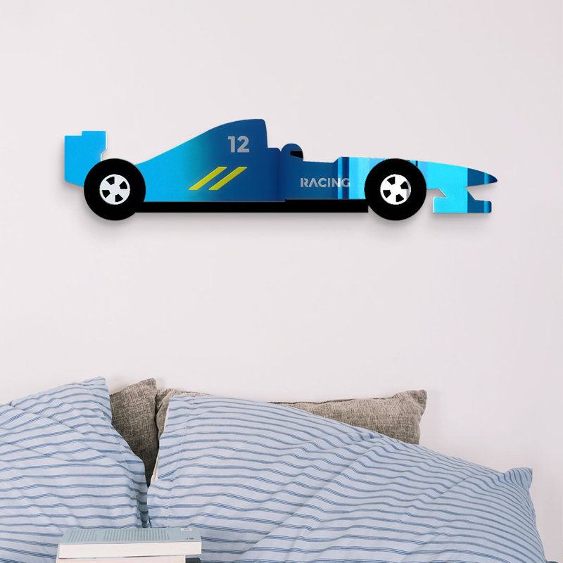 Décoration murale de voiture de course en miroir, Bleu, H 7 po x l 32 po x P 1 po