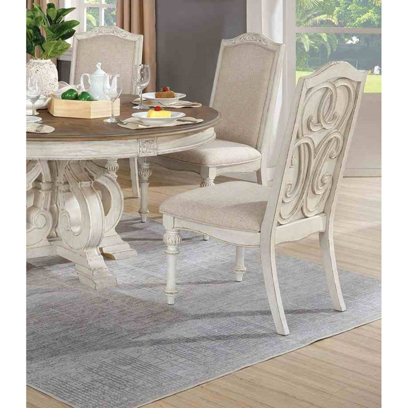 Elegant Rustic 7Pc Dining Set Round Table 6X Side Chairs Ivory Fabric Upholstered Seat Antique White