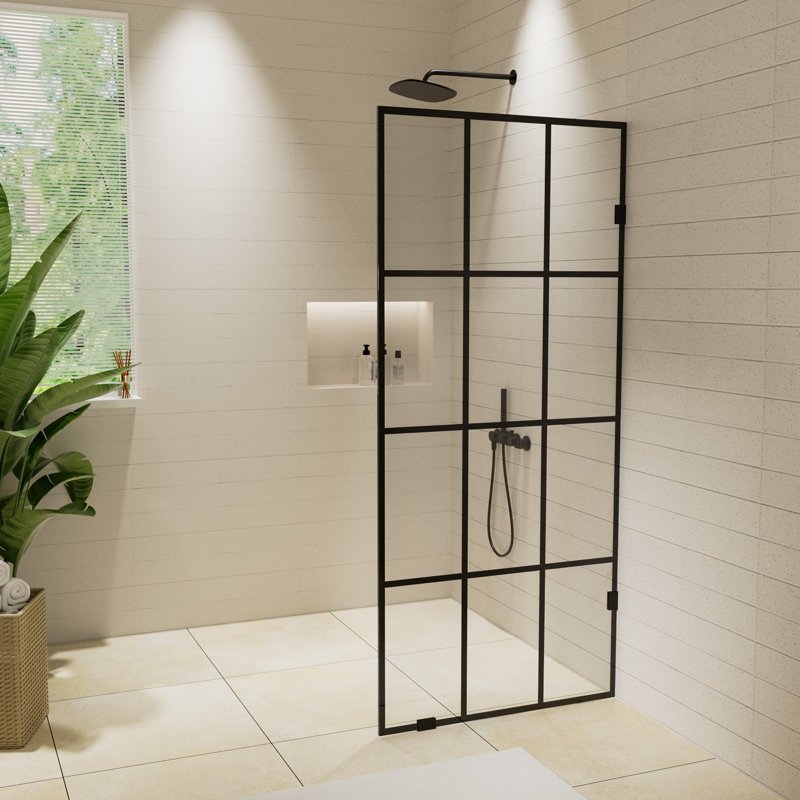 34 po X P 78 po H Panneau de douche simple fixe sans cadre en quadrillage noir avec Verre transparent