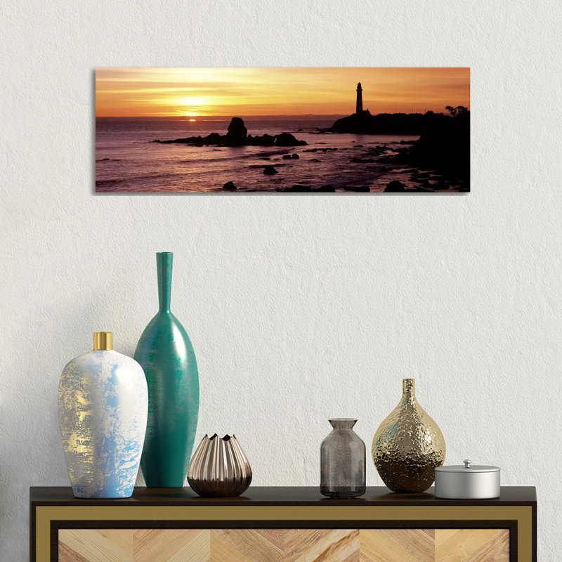 Silhouette Of A Lighthouse At Sunset, Pigeon Point Lighthouse, San Mateo County, California, USA by Panoramic Images - Wrapped Canvas Panoramic Print