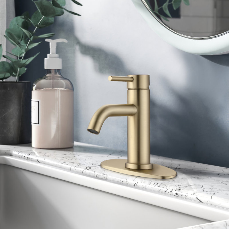 Single-Hole Single-handle Bathroom Faucet with Drain Assembly, Brushed Gold, Deck Plate Included