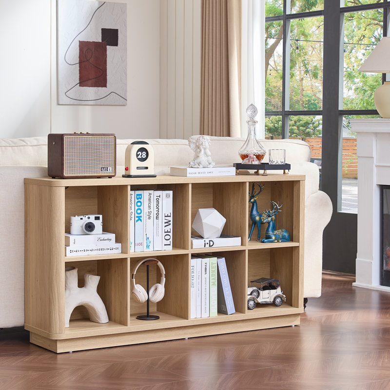 Bibliothèque pour 8 cubes, bibliothèque horizontale de 52 po de long avec rebord courbé, bibliothèque en bois avec base au sol avec base, bibliothèque basse moderne, meuble télé pour le salon