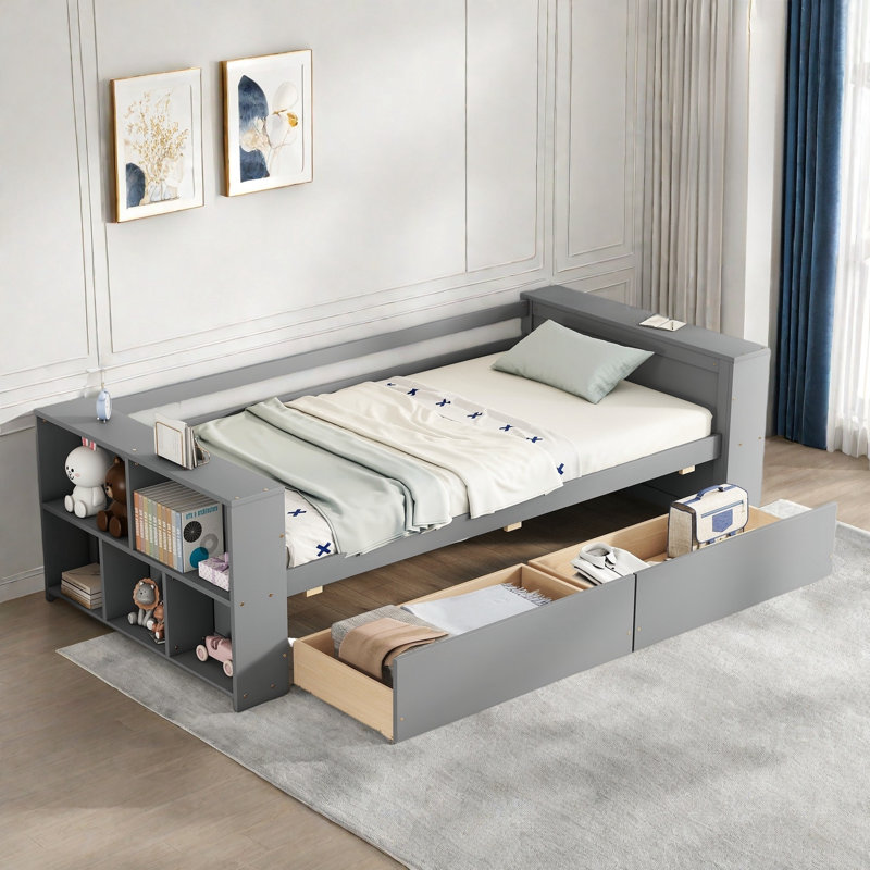 Lit de jour avec tablettes de rangement et 2 tiroirs, Gris