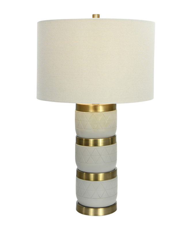 Raw Concrete Table Lamp with Gold Accents and Linen Shade, Gray Gold