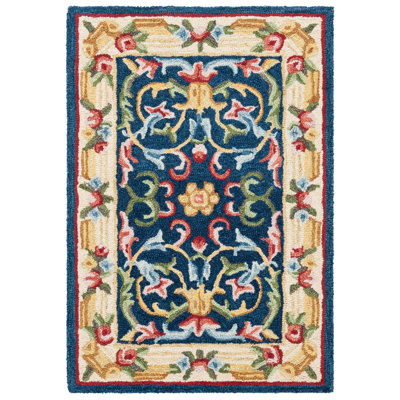 Ozella Hand Tufted Wool/Cotton Oriental Rug in Ivory/Navy