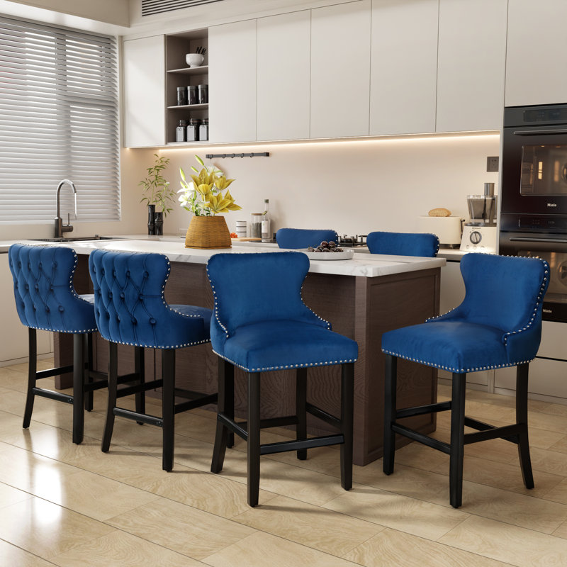Ensemble de 2 tabourets de bar en velours avec dossier à oreilles en bois massif, Bleu