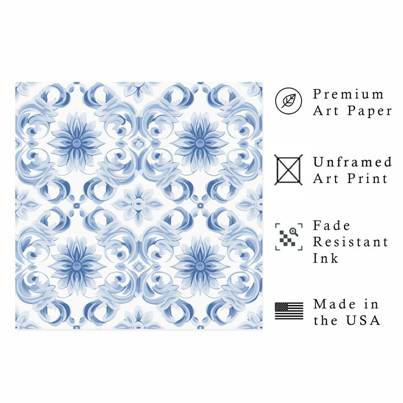 Motif damassé abstrait bleu II, reproduction d'art classique sans cadre, H 28 po x l 28 po