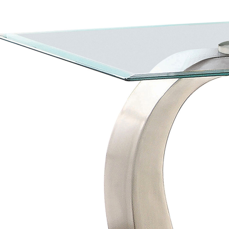 Table de bout contemporaine en métal rectangulaire avec plateau en verre argenté avec surface métallique lisse et élégante, base piédestal moderne avec base polie à texture mate douce, idéale pour