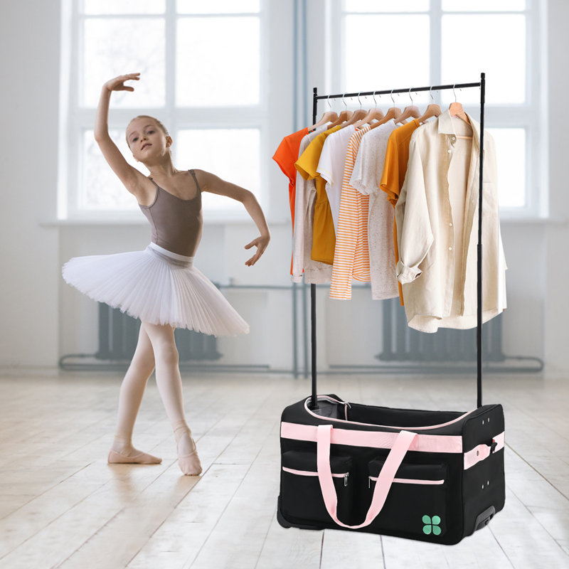 Meliz Dance Bag With Garment Rack, 28" Dance Costumes Rolling Garment Bags with Wheels for Shows, Travel, Black/Pink
