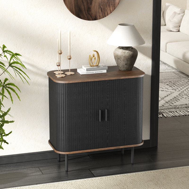 31'' Black and Walnut Fluted Sideboard Cabinet with Sliding Doors
