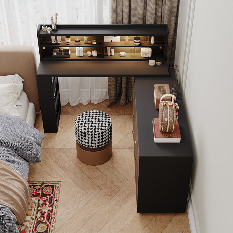 Meuble-lavabo de maquillage moderne extensible de 47,2 à 90 po avec commode en L à 6 tiroirs, huche en verre et rangement latéral