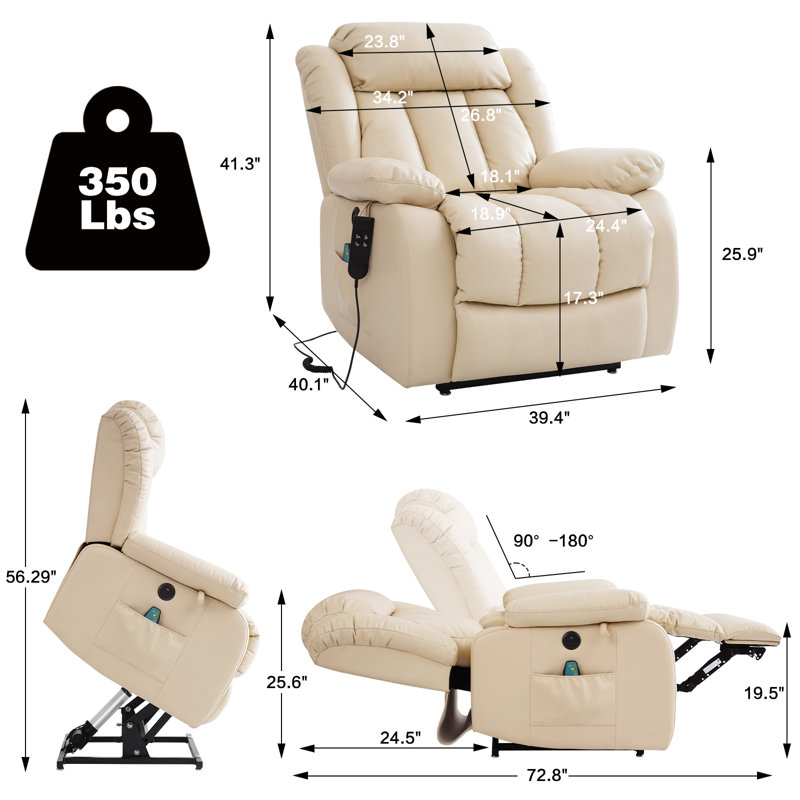 Infinite Position Dual Motor Power Lift Recliner Chair Leather Chair with USB, Heat and Massage, Beige