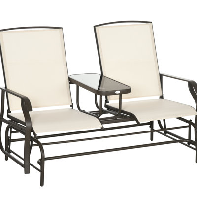 Banc à bascule avec table centrale - Tissu beige. Structure en acier pour jardin. Double espace de détente. Poids total : 330 kg. Dimensions : 142,4 cm (l) x 80 cm (p) x 101,6 cm (h). Bureau central extérieur en métal.