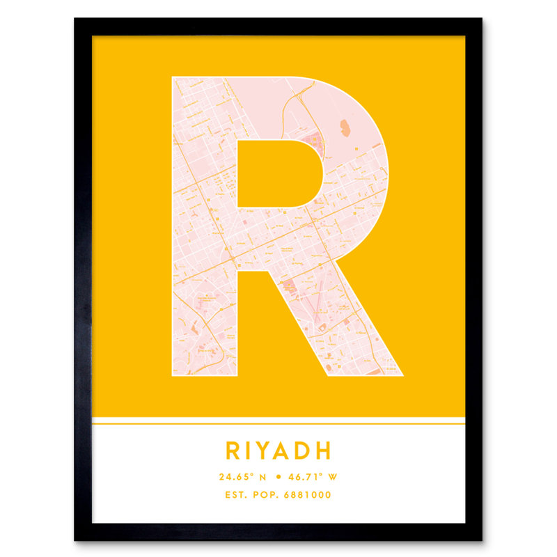 Riyadh City Map Riyadh Yellow by Wee Blue Coo - Single Picture Frame Typography