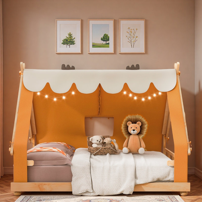 Lit maison avec tente et lumière, Double, Brun