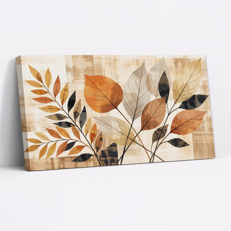 Rouille, noir et crème, feuilles stylisées, art mural, 32“W x 16”H