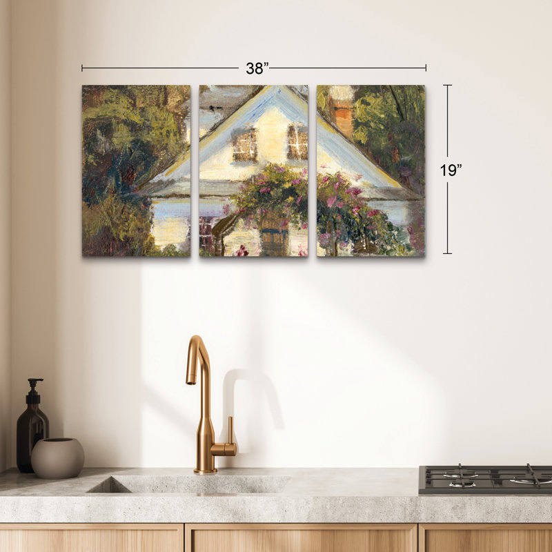 Ensemble de 3 panneaux muraux - Marilyn Wendling «Sweet Cottage II», art mural sur toile pour le salon, la chambre à coucher ou le bureau 