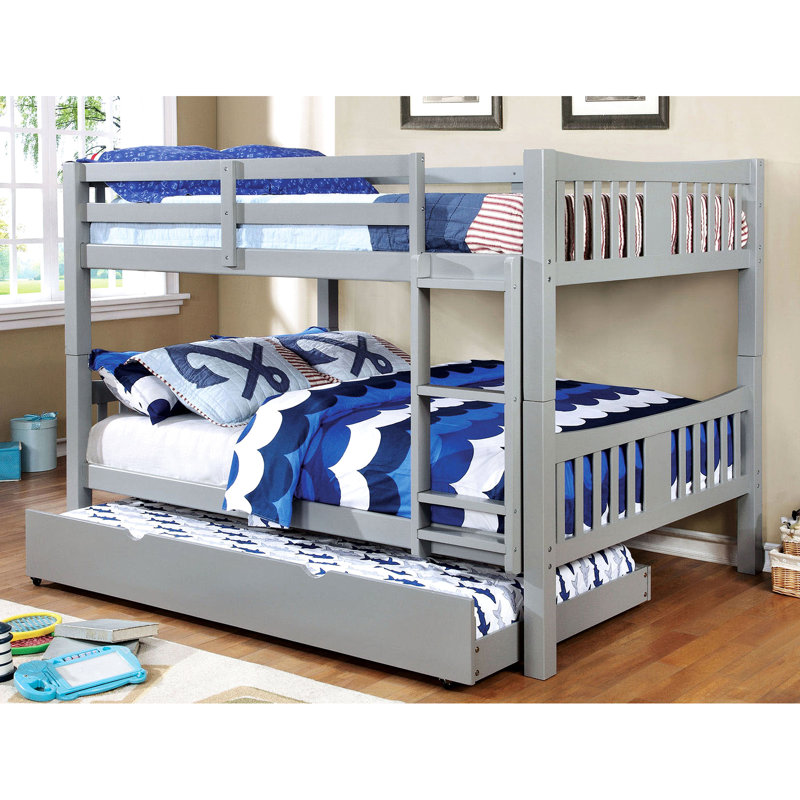 Lit superposé double au-dessus, finition grise, conception transitionnelle, attaché, rails avec joint de verrouillage, 13 pièces Lattes, bois massif, lit de décoration de chambre à coucher de structure commune, idéal pour l'espace