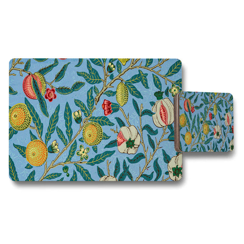 Blue Botanical Fruit Pattern Placemat Coaster Set With Pomegranate Motif