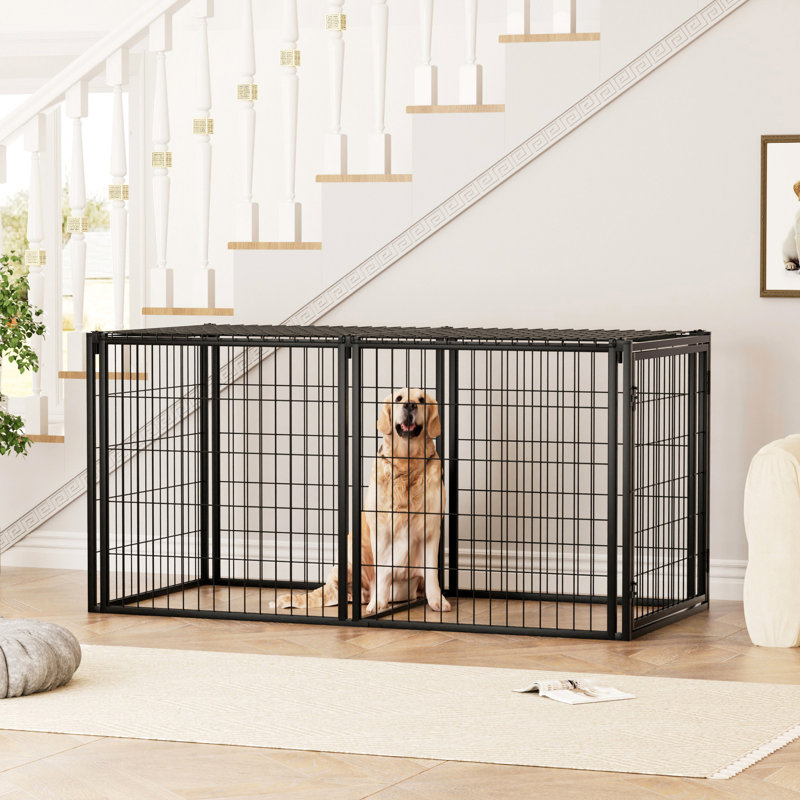 Cage pour chien de 63 po pour canines de taille moyenne, parc pour chiots avec dessus amovible, fil de résistance à la traction, emplacement de la porte réglable, espaces séparés de séparation, installation rapide et simple pour chiens de 50 à 90 lb, verrouillable