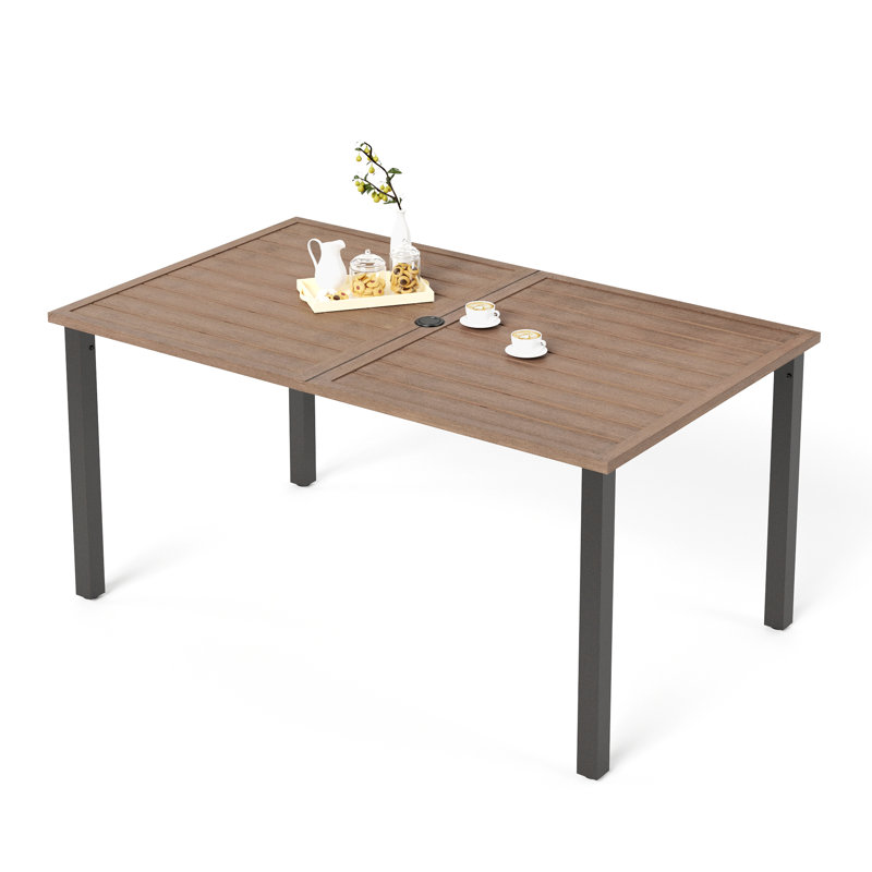 Rectangular Metal Outdoor Dining Table With Umbrella Hole , 152.4cm W 91.4cm D, Brown
