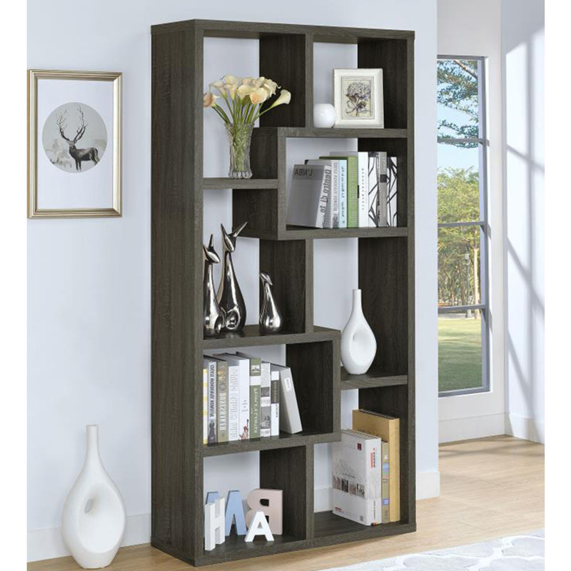 Bibliothèque rectangulaire à 10 tablettes en gris patiné, parfaite pour le rangement organisé et l'esthétique moderne