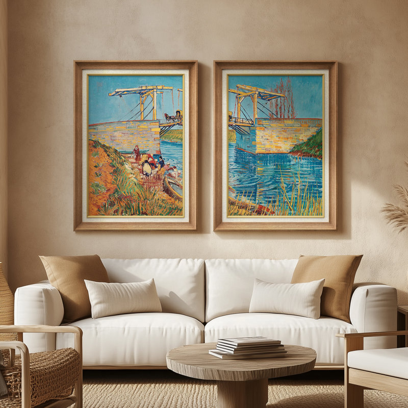 «Post Impressionist Bridge over Canal Bright Color Landscape», ensemble de 2 reproductions d'art mural encadrées de qualité supérieure sur papier 26 po x 36 po